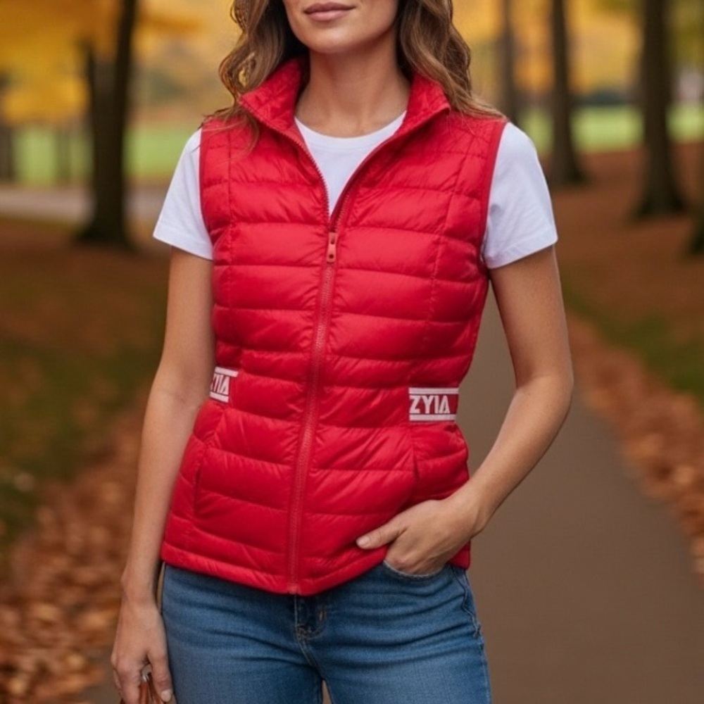 Zyia Alpine Quilted Down and Fether Red Full Zip Vest Womens size Medium